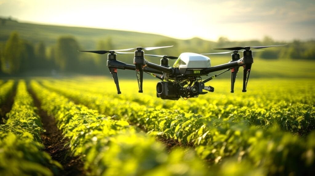 Portal da Produtividade - Terras agrícolas verdejantes sendo examinadas por um drone para agricultura de precisão.