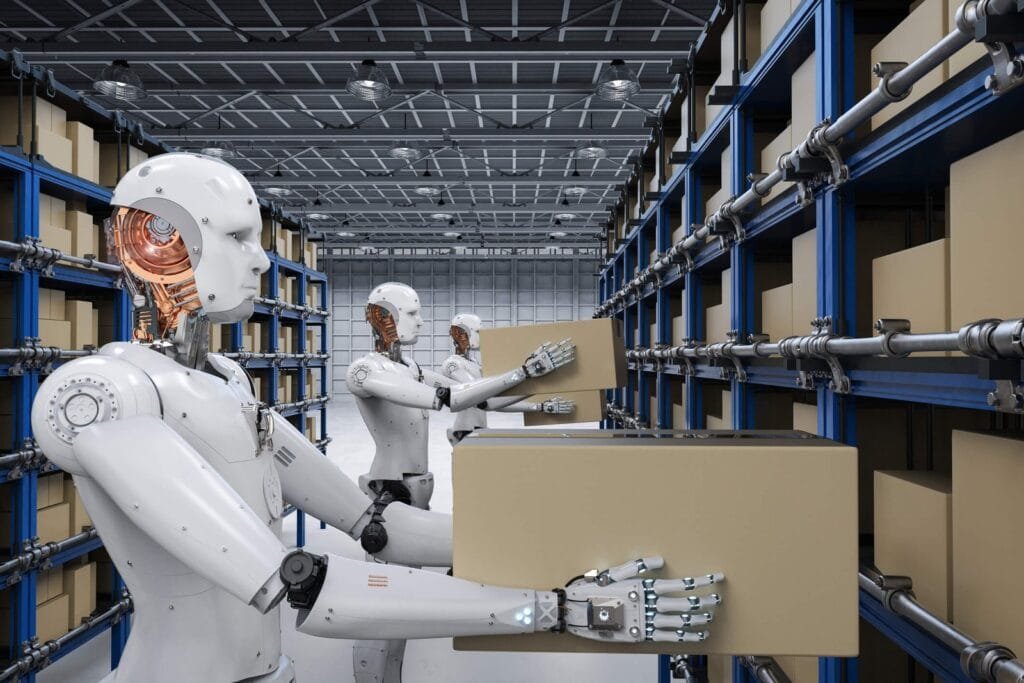 Centro logístico automatizado com tecnologias de IA e IoT otimizando cadeias de suprimento inteligentes.
