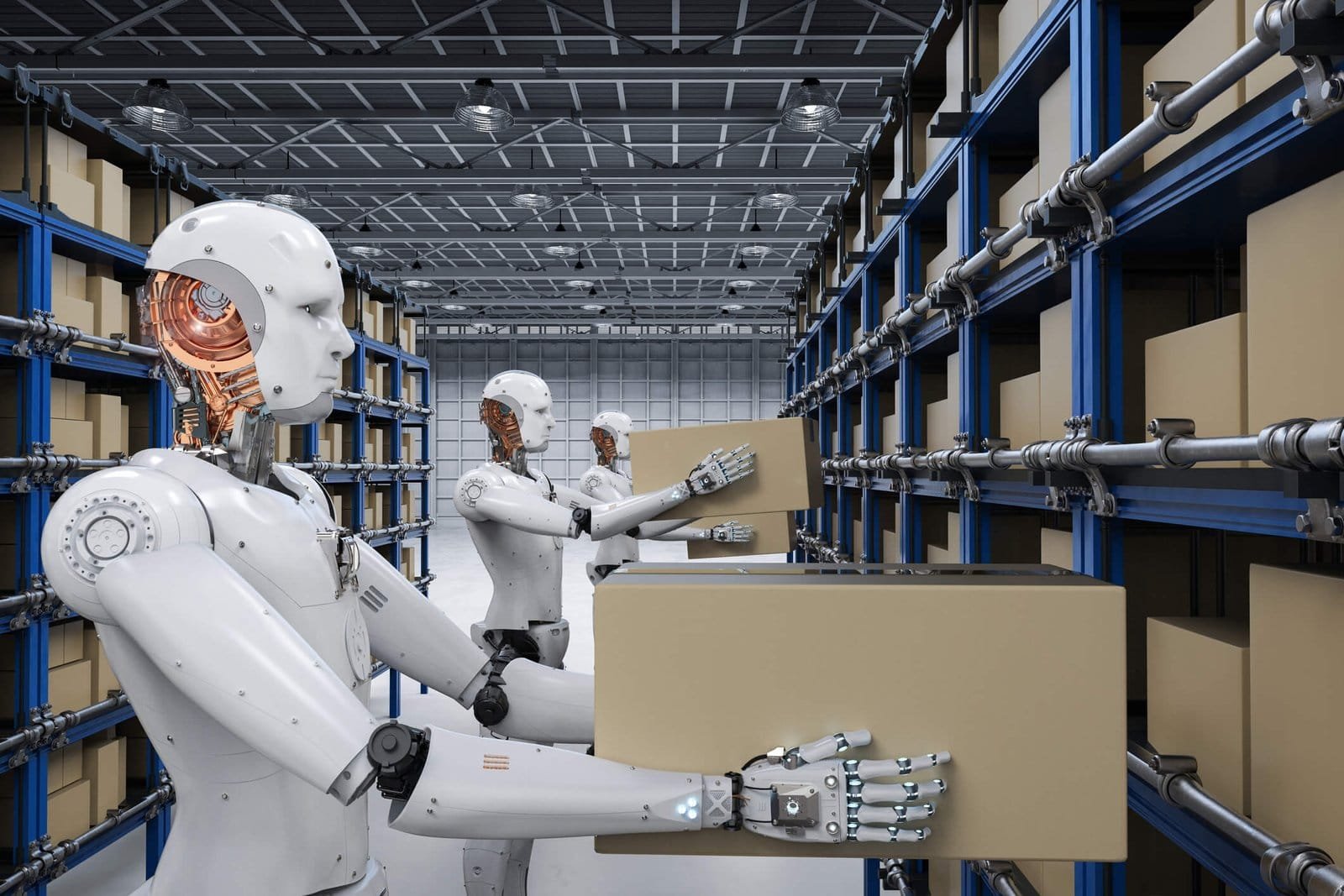 Centro logístico automatizado com tecnologias de IA e IoT otimizando cadeias de suprimento inteligentes.