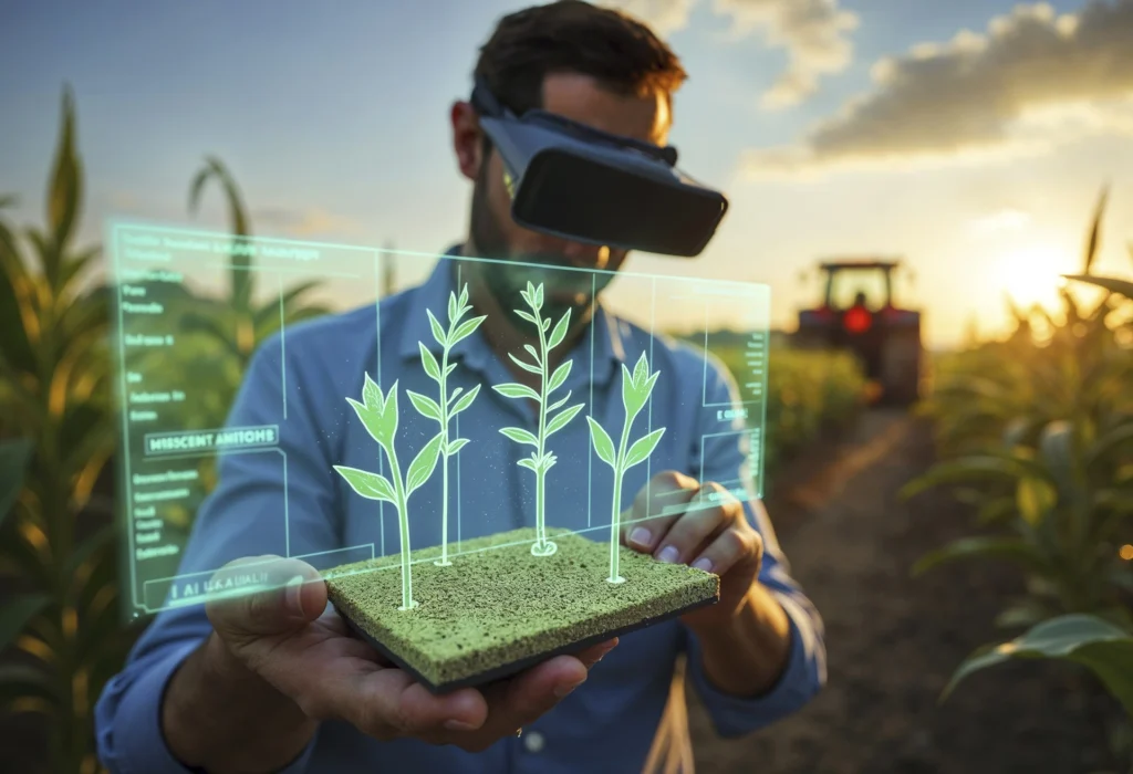 Produtor rural utilizando tablet em lavoura com drones e sensores, representando uso de IA no campo, mostrando o agro 4.0