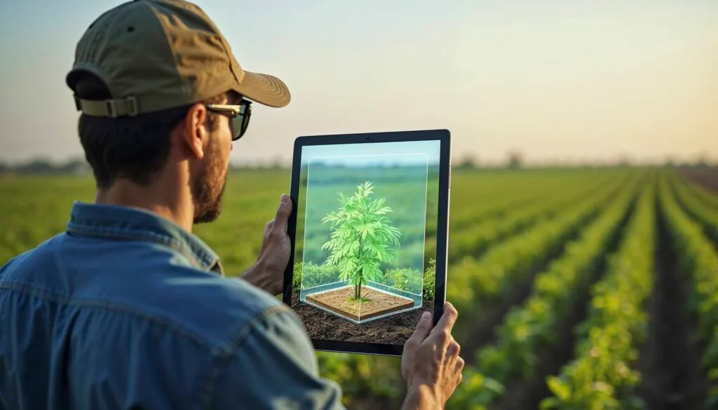 Startup verde promove agricultor com um tablet visualizando a plantação em digital