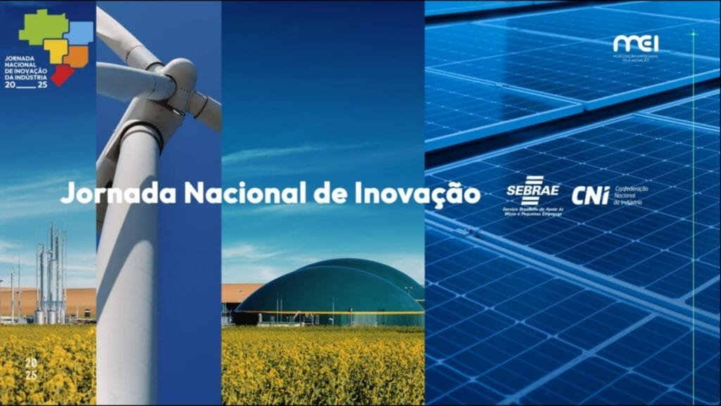 Mapa do Brasil destacando a rota da Jornada Nacional de Inovação da Indústria, com pontos nos 27 estados, simbolizando a conexão entre tecnologia, indústria e sustentabilidade.